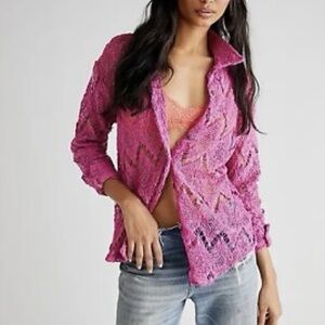Free people Until Sundown Gin Fizz Pink Crochet Coverup Button down shirt medium